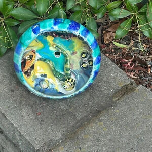 Italian Rustic Hand Painted Grotesque Majolica Pottery Sea Life Footed Dish Bowl